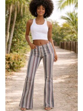 Vtg Rampage Jeans Womens Pants Y2K 70s  Low Rise Flare Striped Button-Fly Size 5